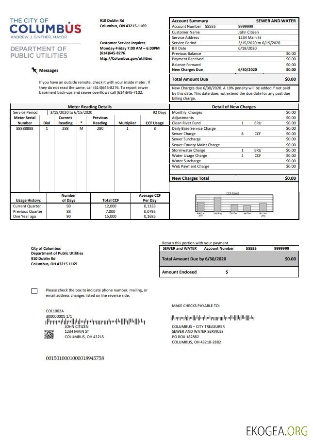 USA Ohio City of Columbus utility bill template in Word and PDF format